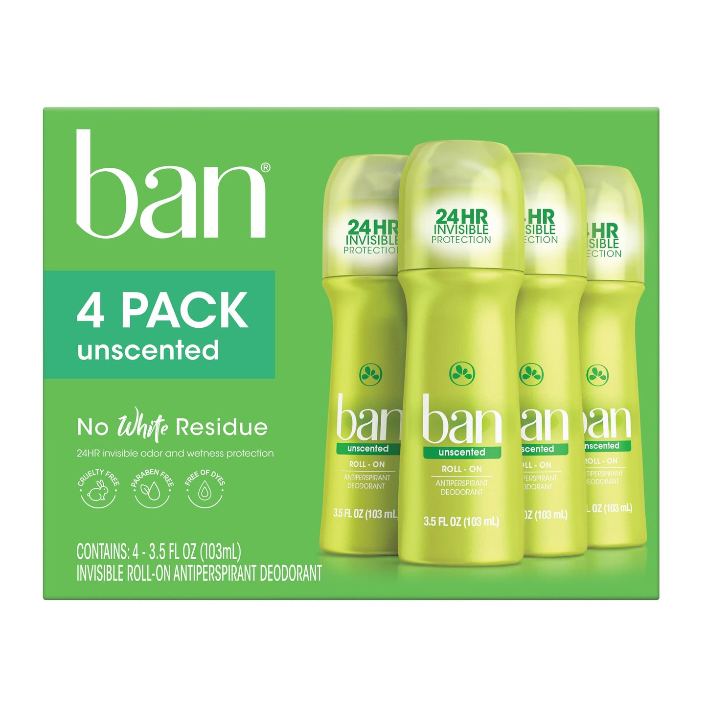 Ban Original Unscented 24-hour Invisible Antiperspirant, 3.5oz Roll-on Deodorant for Women and Men, 4-pack, Underarm Wetness Protection, Beauty and Personal Care Ban