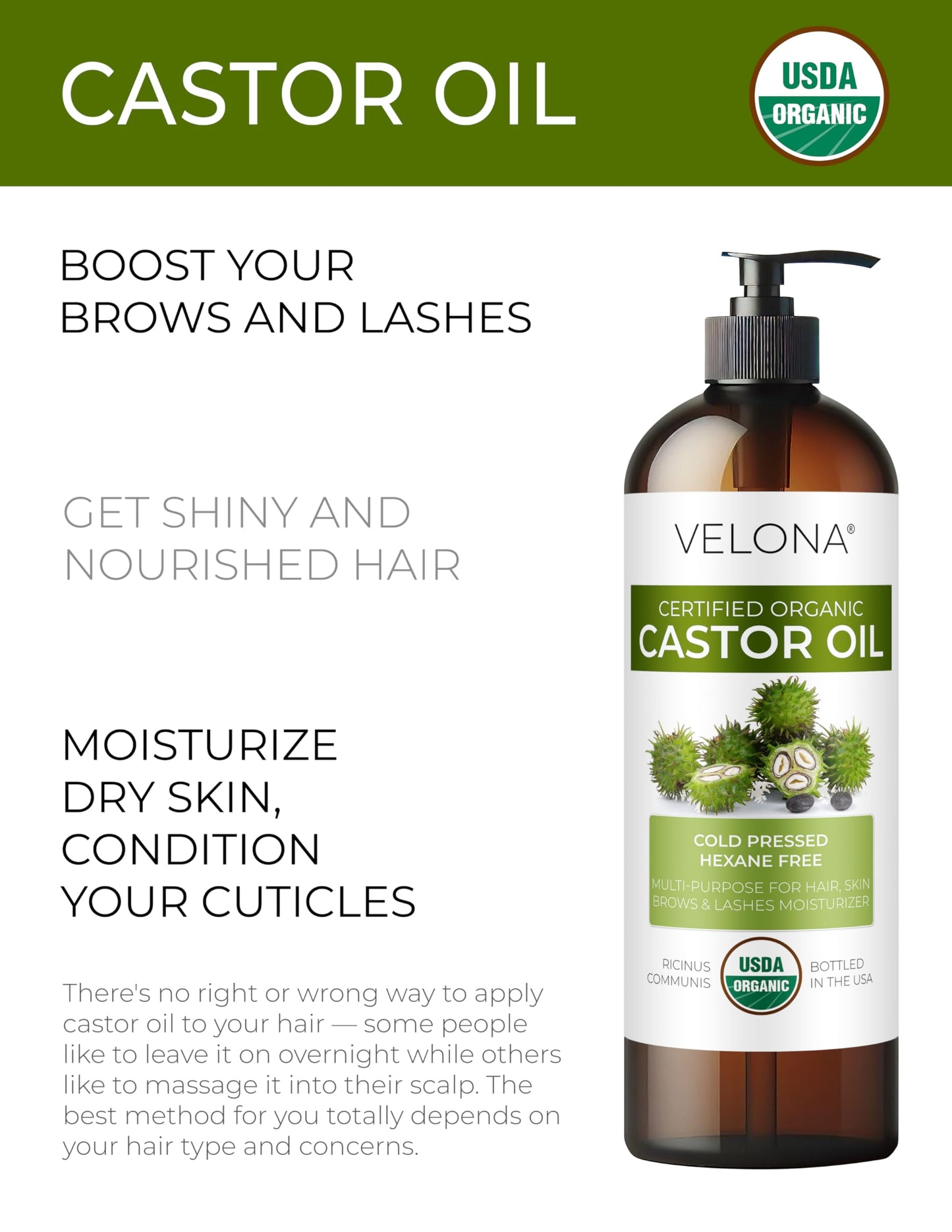 velona USDA Certified Organic Castor Oil - 16 fl oz (With Pump) | For Hair Growth, Boost Eyelashes, Eyebrows | Cold pressed, Natural Oil, USP Grade | Beauty & Personal Care velona