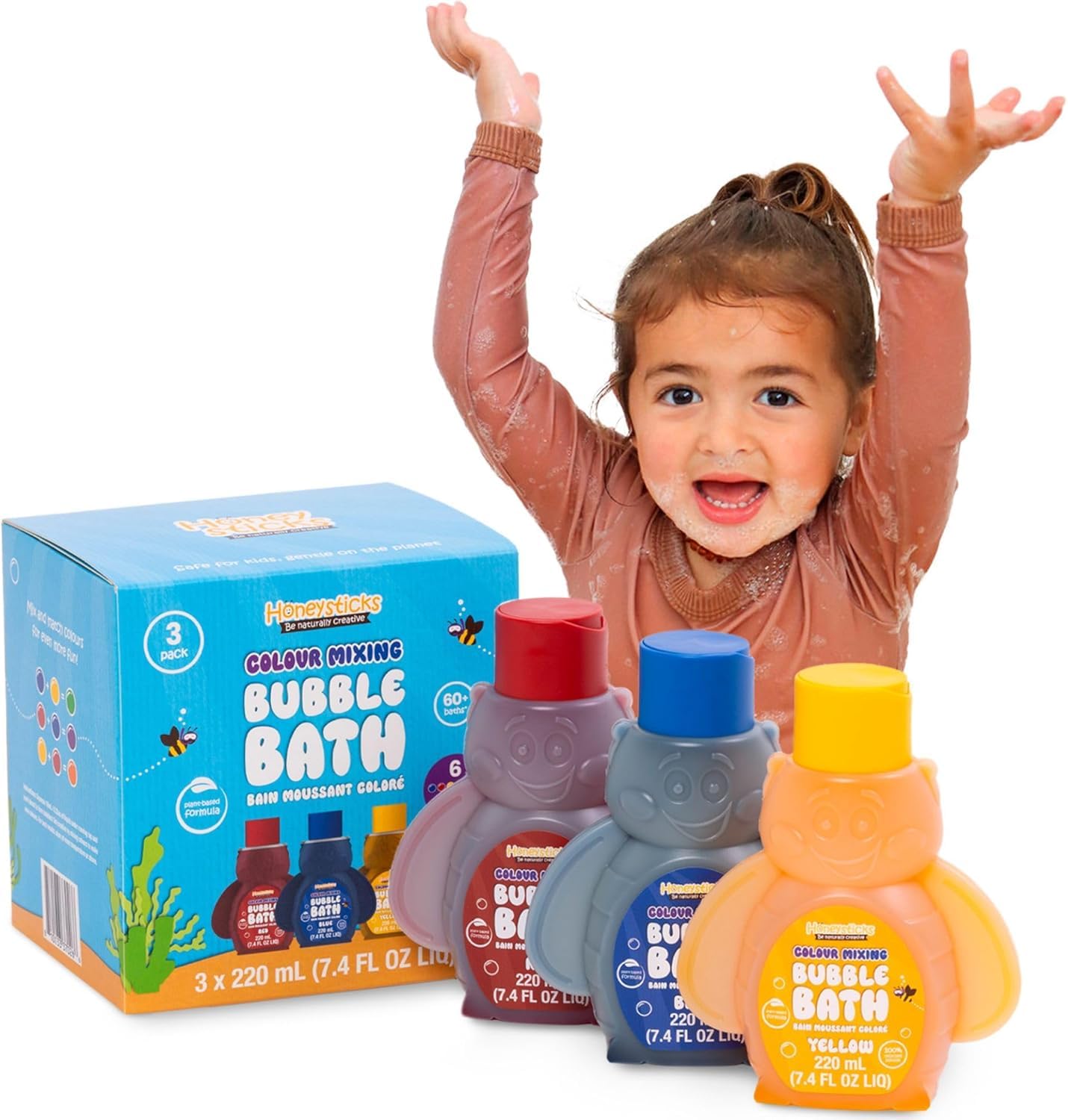 Honeysticks Kids Bubble Bath 3 Pk (Blue, Red, Yellow): Non-Toxic, Plant Based, Non Irritating - Changes Water Color and Creates Super Foaming Bath Beauty and Personal Care Honeysticks