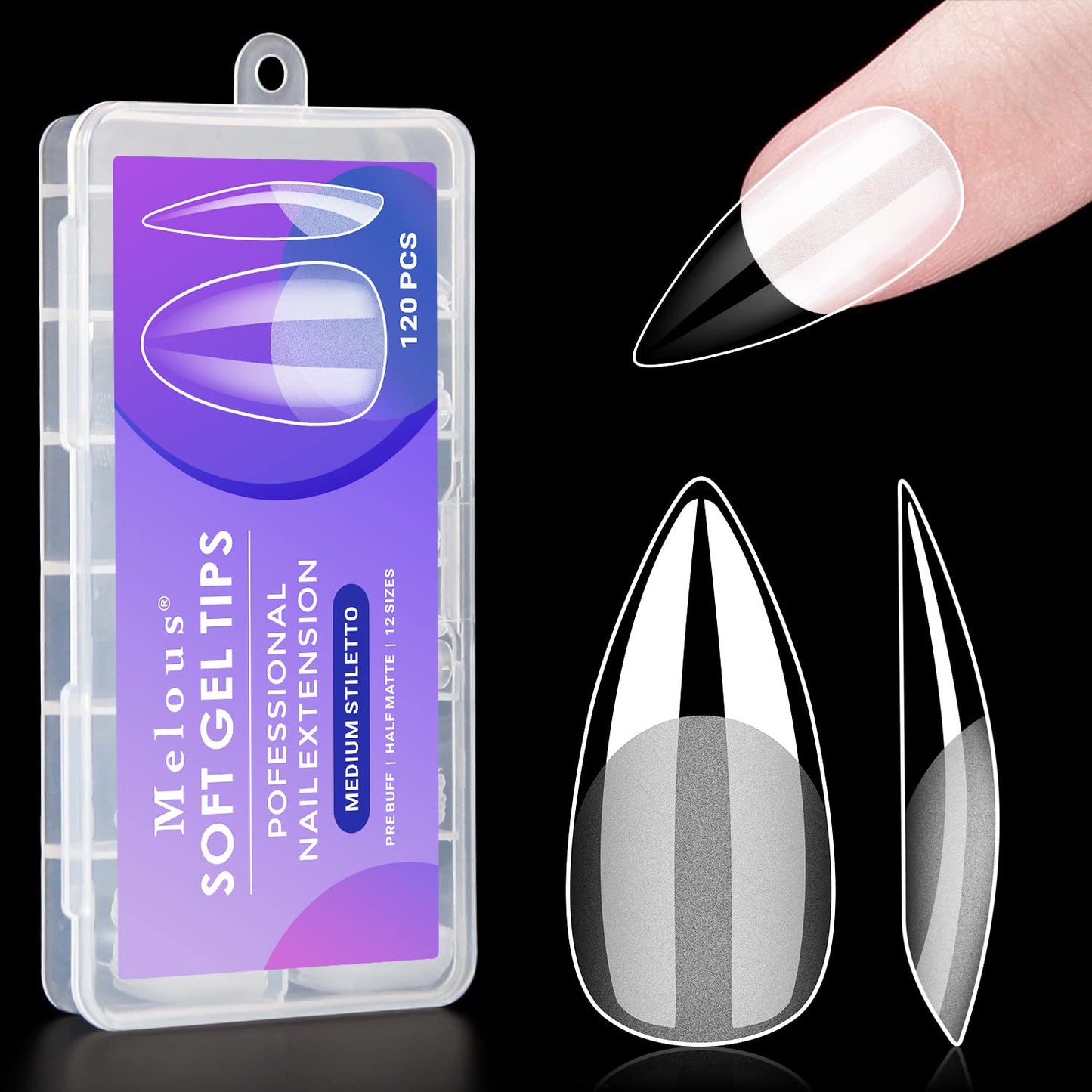Melous Medium Stiletto Gel False Nail Tips, 120 PCS Pre Buff Full Cover, Square, Matte, 12 Sizes, 120 Number of Pieces, Nail Art Enhancement Beauty & Personal Care Melous