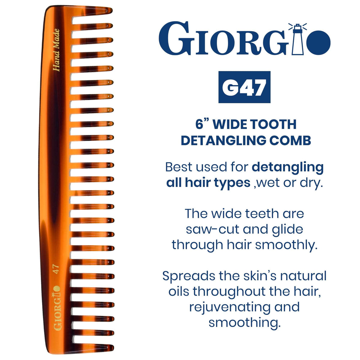 Giorgio G47 Wide Tooth Detangling Hair Comb for Thick Curly Wavy Hair. Long Detangler Comb For Wet and Dry Hair. Handmade, Extra Wide Tooth Comb