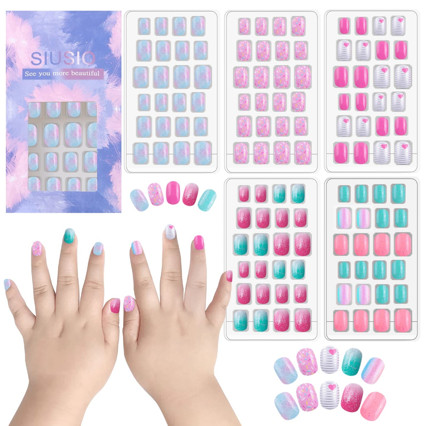 SIUSIO 120 Pcs 5 Pack Children Acrylic Fake Nails Press on Pre-glue Full Cover Glitter Gradient Color Rainbow Short False Nail Art Kits Set for Kids Beauty & Personal Care SIUSIO