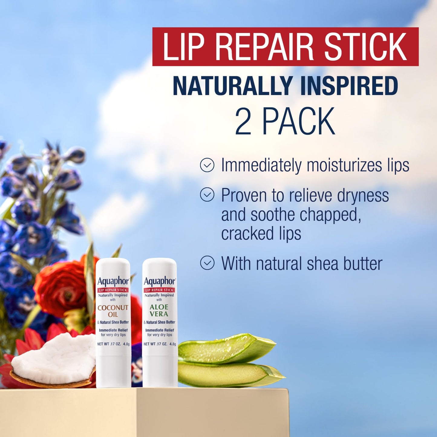 Aquaphor Naturally Inspired Lip Repair Stick Four (4) Pack with Shea Butter, Lip Balm Set, Coconut Oil, Two (2) 0.17 Oz + Two (2) Aloe Vera, 0.17 Oz Beauty and Personal Care Aquaphor