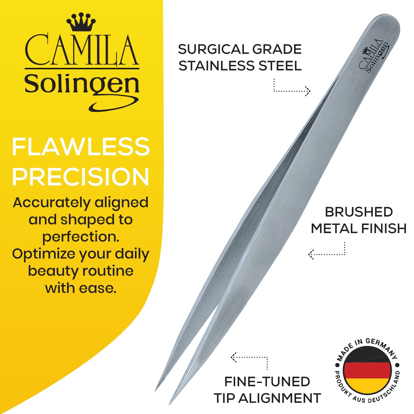 Camila Solingen CS27 4" Professional Surgical Grade Stainless Steel Precision Tip Eyebrow Tweezers for Facial Hair Shaping & Removal. Beauty Tool Beauty and Personal Care Camila Solingen