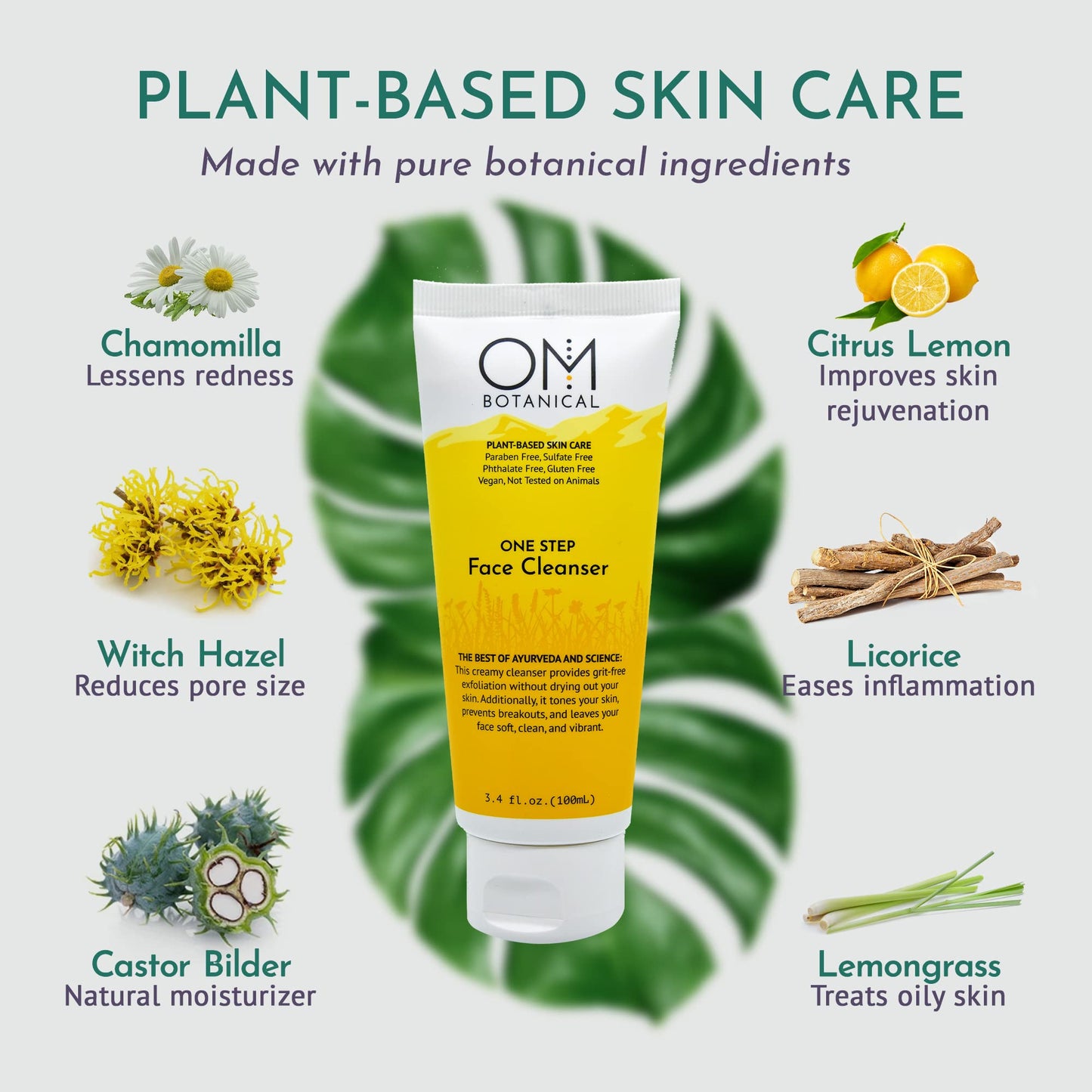 OM Botanical One Step Face Cleanser - 3-in-1 Natural Face Wash, Enzyme Exfoliator & Toner - Pineapple & Papaya Enzymes, Gram Flour - pH Balanced Beauty & Personal Care OM Botanical