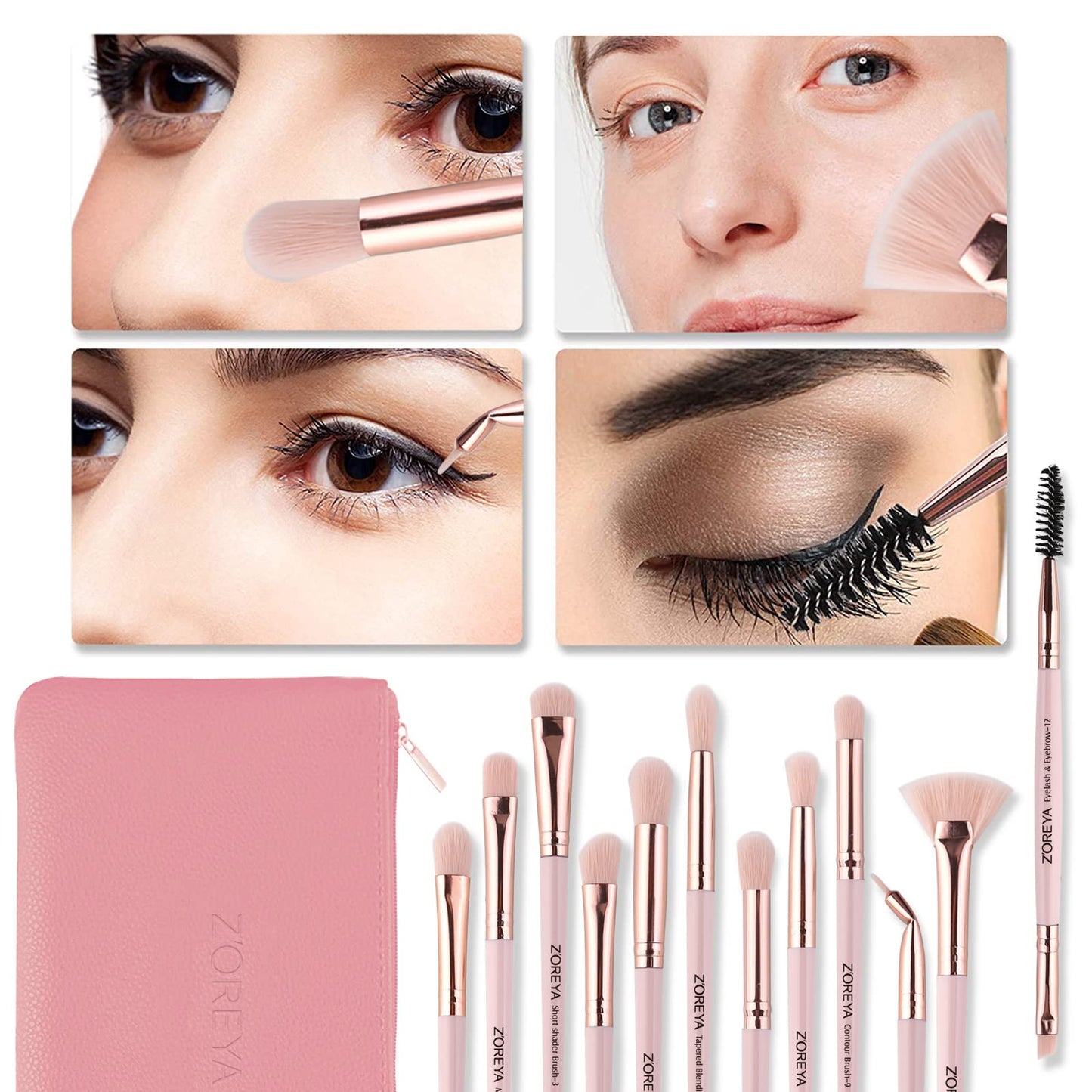 Z'OREYA Eye Makeup Brushes, 12 Pcs Professional Eye Brush Set Eyeshadow, Eyebrow, Blending, Fan, Eyelash Brushes Set With Carrying Bag (Pink) Beauty & Personal Care Z'OREYA
