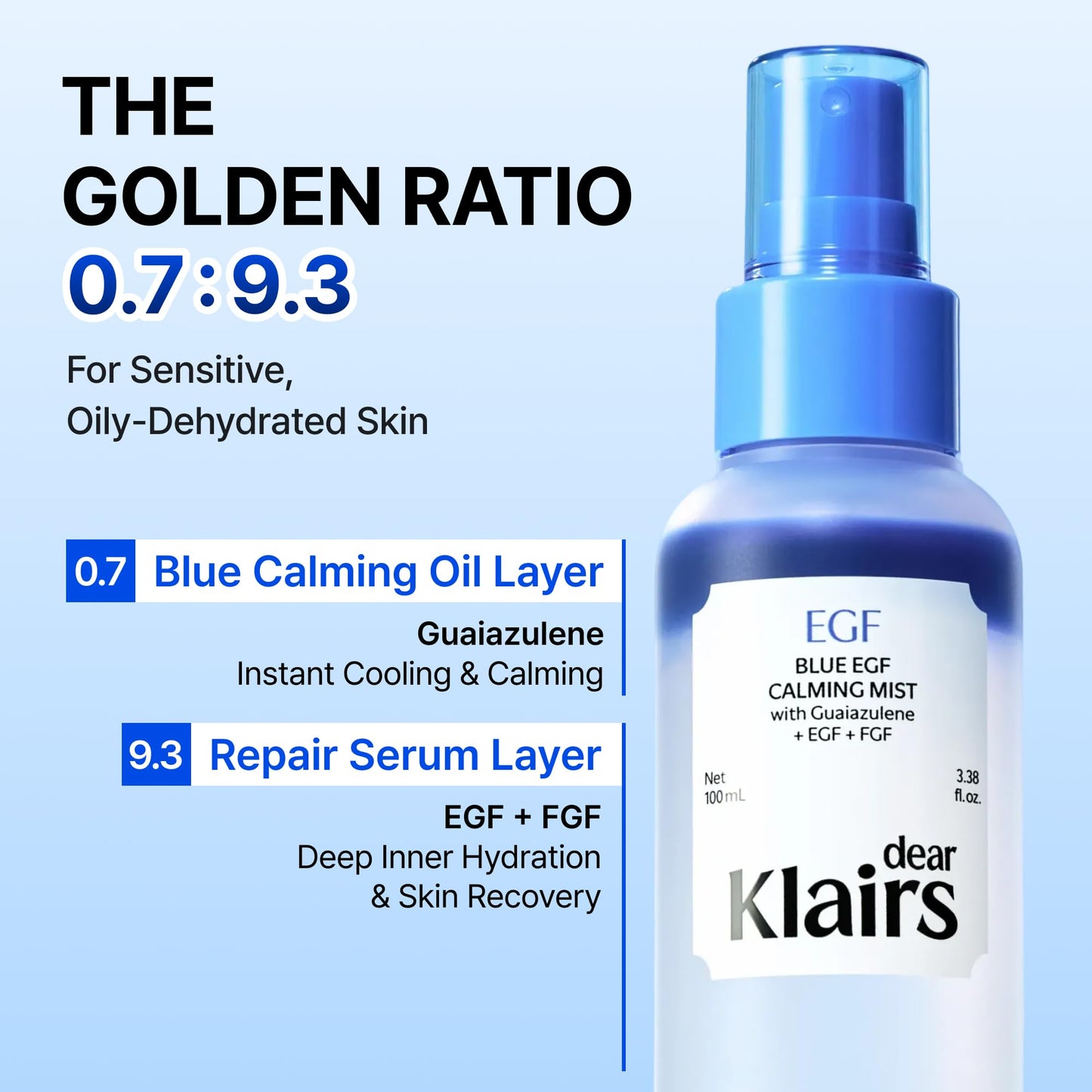 DearKlairs Blue EGF Cooling Mist, Bi-Phase Face Mist, EGF+Guaiazulene, Lightweight Non-Sticky Finish, Oily-Dehydrated & Sensitive Skin, Instant Beauty and Personal Care DearKlairs