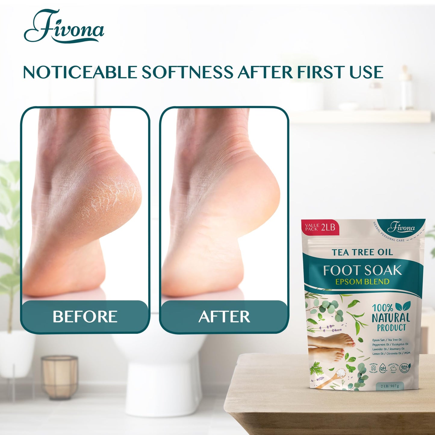 Foot Soak Epsom Salt with Tea Tree Oil 2 LB - Epsom Salt with Essential Oils for Healthy Toenails, Soothing Relief, Callus Softening - Pedicure Beauty and Personal Care FIVONA