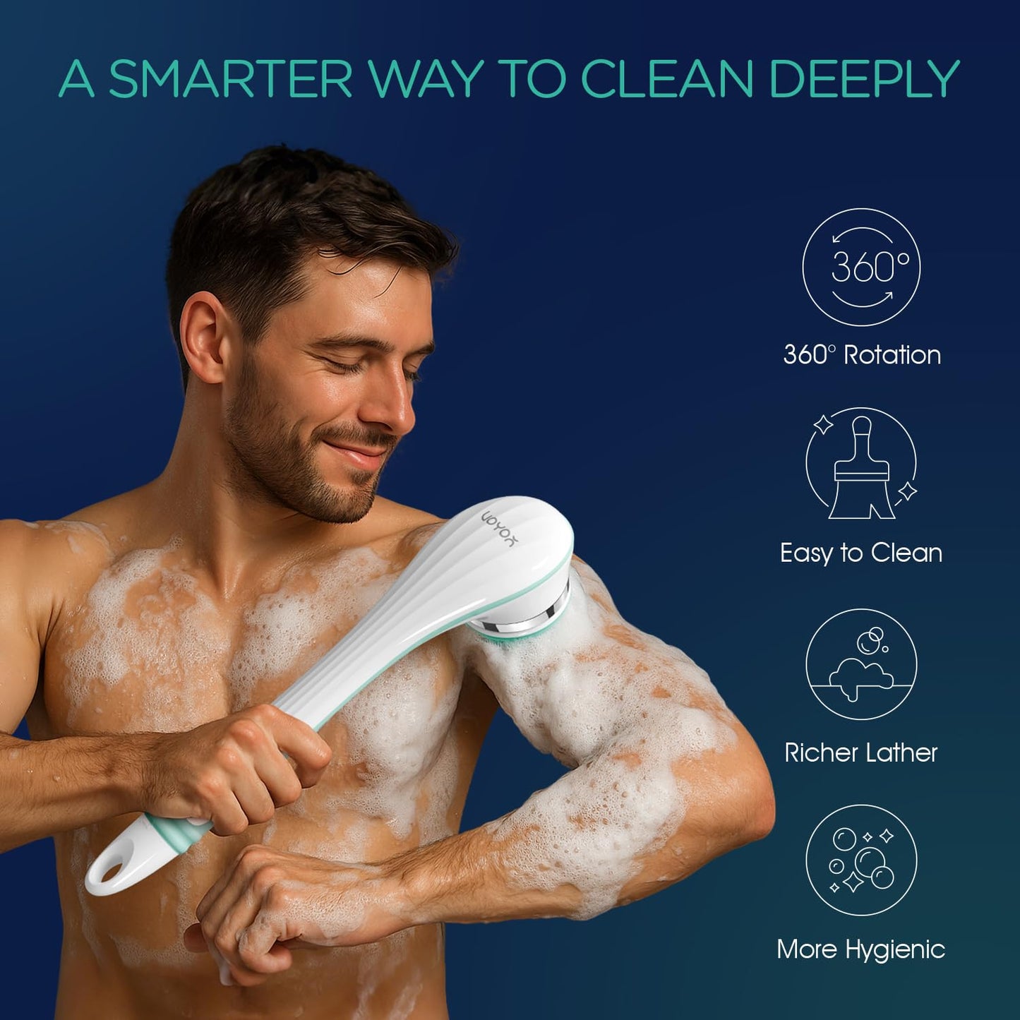 VOYOR Electric Silicone Body Scrubber, Back Scrubber for Shower, Waterproof Long Handle Body Brush, Rechargeable Power Bath Brush for Cleansing Beauty and Personal Care VOYOR