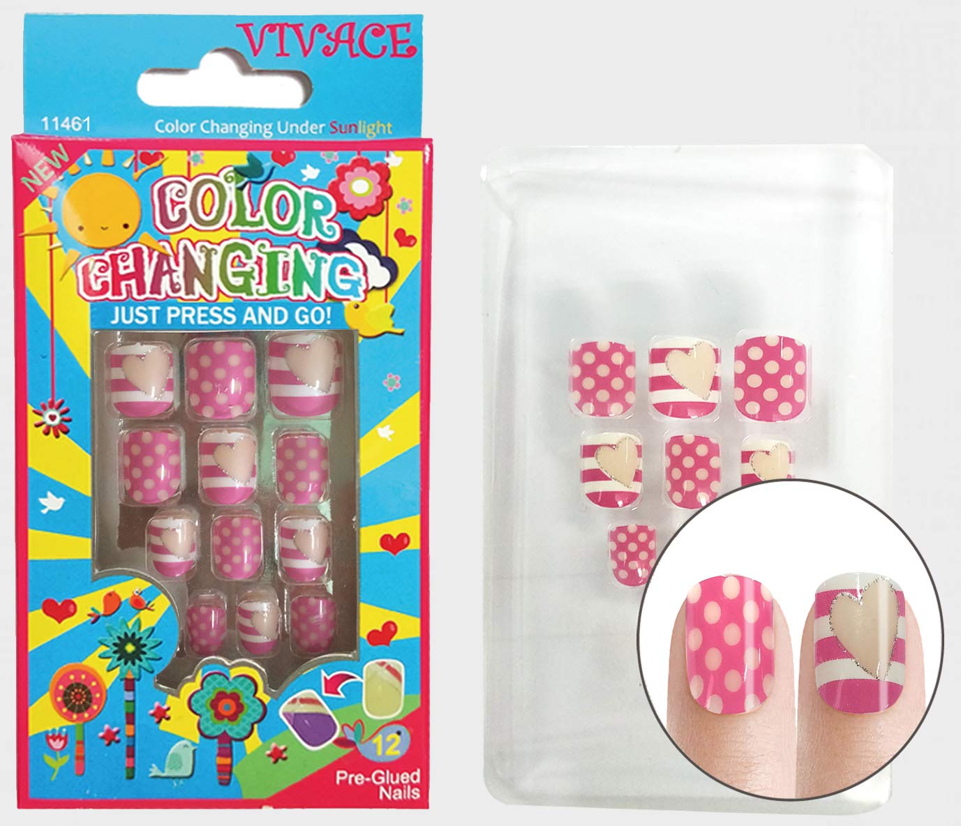 Vivace 4Pack 48Tips Color Changing Under Sun Fake Nails, Artificial Preglued Junior Sticker Nails 11461 etc (Sun 1) Beauty & Personal Care Vivace