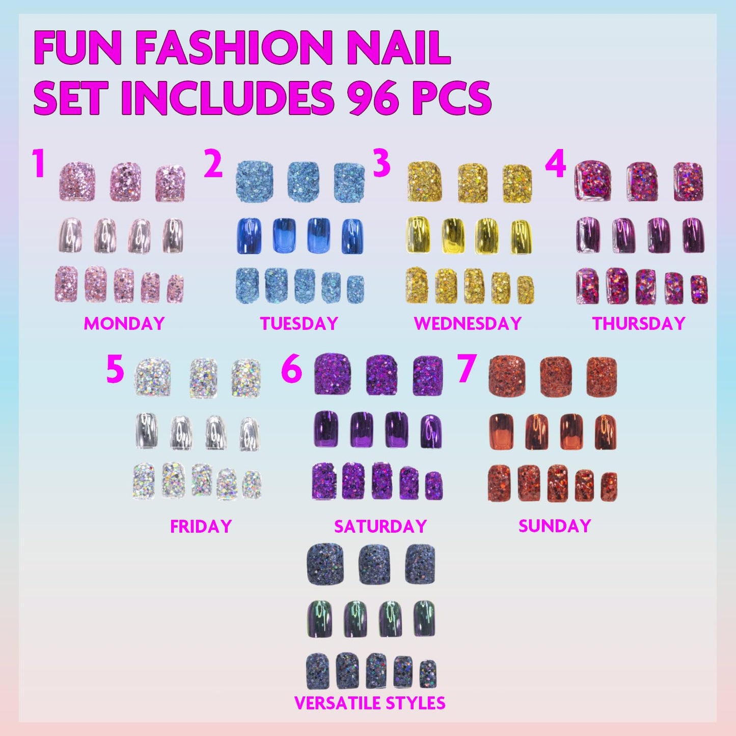 Townley Girl 96 Pcs Glitter-Glamup & Metallic Press-On Nails Artificial Fake False Nails Set for Tweens with Pre-Glue Full Cover Acrylic Nail Tip Kit Beauty & Personal Care Townley Girl