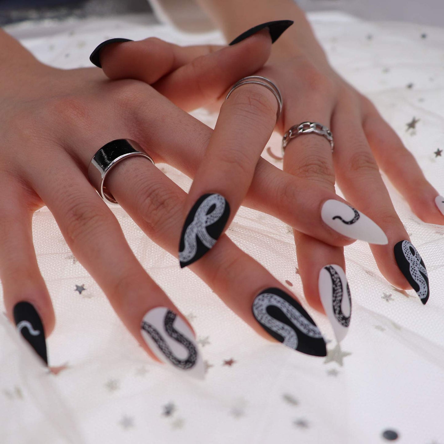 MISUD Press on Nails - Medium Stiletto Glue on Nails with Goth Snake, Acrylic Gothic Black White Design 24 pcs Beauty & Personal Care MISUD