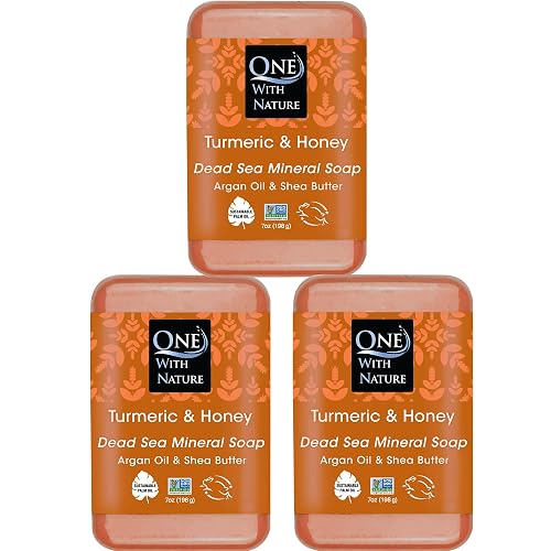 One With Nature Dead Sea Salt Turmeric Soap 7oz 3-Pack - Purifying and Exfoliating Soap Bar with Dead Sea Minerals and Honey for Face & Body, for Men Beauty & Personal Care One With Nature