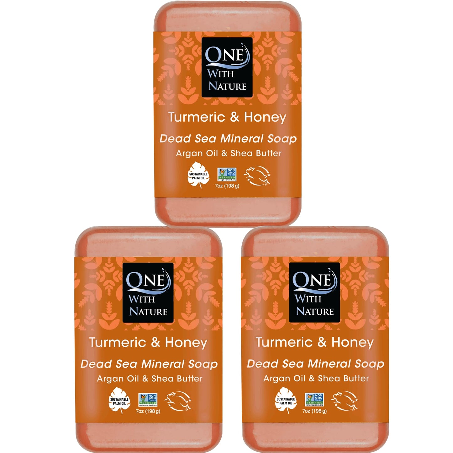 One With Nature Dead Sea Salt Turmeric Soap 7oz 3-Pack - Purifying and Exfoliating Soap Bar with Dead Sea Minerals and Honey for Face & Body, for Men Beauty & Personal Care One With Nature