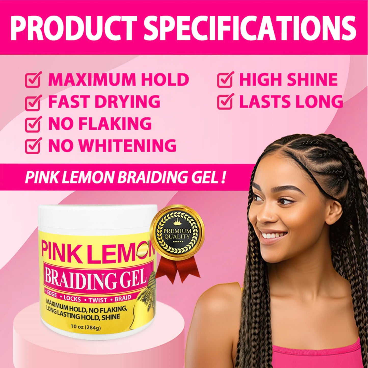 PINK LEMON Braiding Gel- Maximum Hold, No Flaking, Long Lasting Hold, High Shine. For Micro, Inter, Dread, Faux, Loc, Twist, Braid, Edge. (10 oz) Beauty & Personal Care PINK LEMON