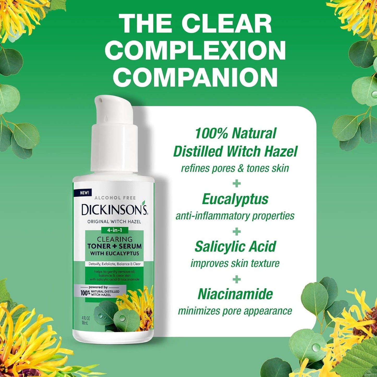 Dickinson's Original Witch Hazel Clearing Toner + Serum with Eucalyptus | 100% Natural Distilled Witch Hazel | Alcohol-Free | Detoxifies & Tones Skin Beauty & Personal Care Dickinson's