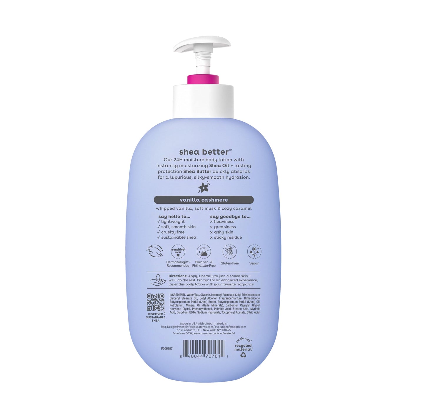 eos Shea Better Body Lotion Vanilla Cashmere, 24-Hour Moisture Skin Care, Lightweight & Non-Greasy, Natural Shea, Vegan, Vanilla Body Lotion Beauty & Personal Care eos