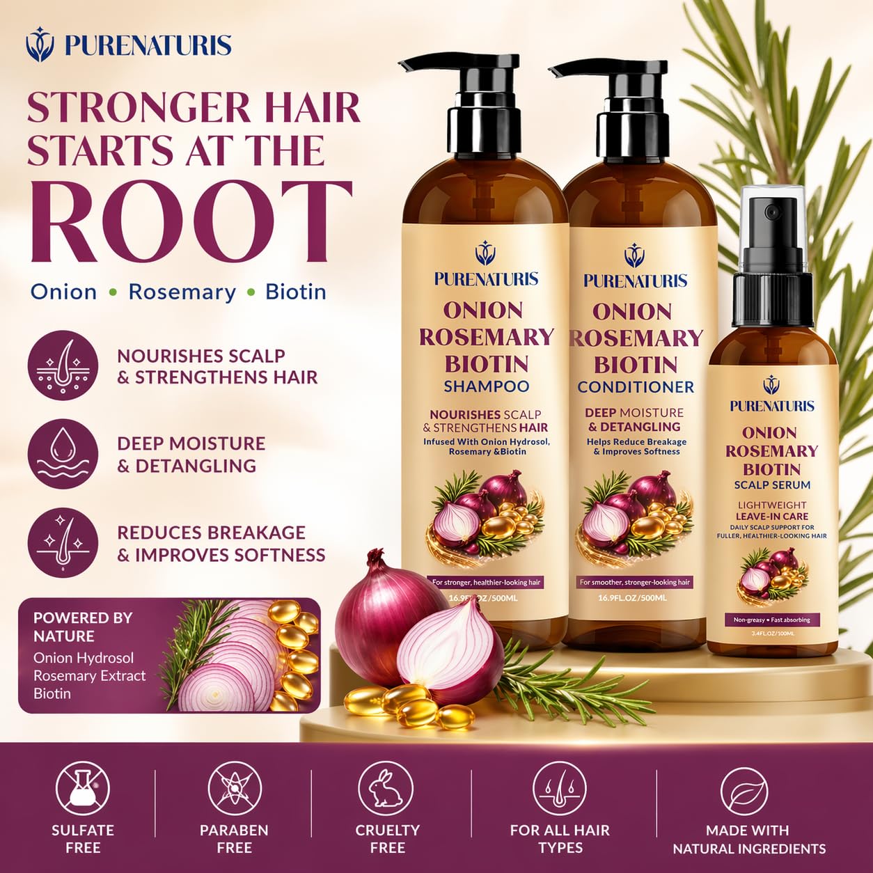 Onion Rosemary Biotin Hair Care Set - Sulfate Free Shampoo, Conditioner & Scalp Serum - Helps Strengthen Hair, Reduce Breakage & Support Fuller Beauty & Personal Care PureNaturis