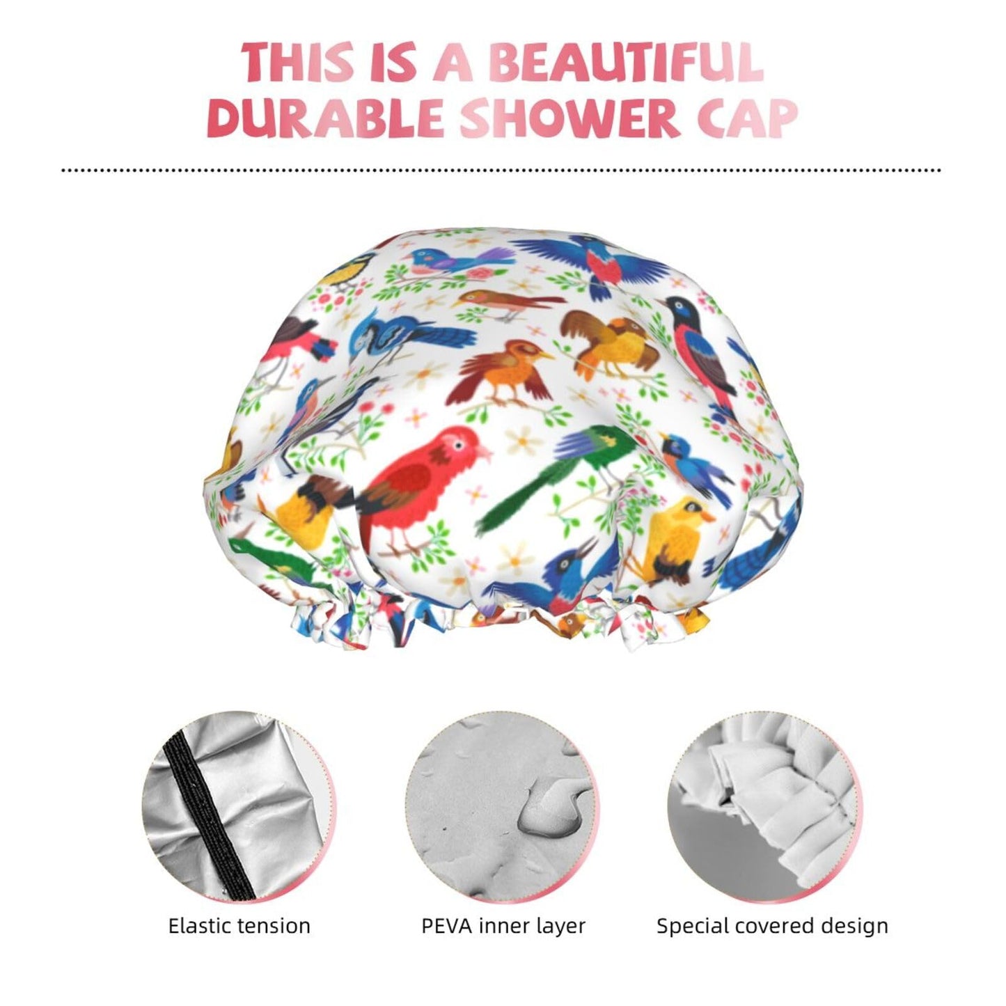 Birds Pattern Shower Cap For Women Reusable Waterproof Double Layers Bath Cap Hair Protection Elastic Ladies Spa Salon Shower Hat Beauty and Personal Care YUZEKABZ