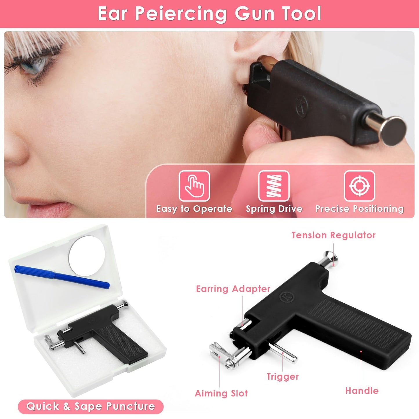 Professional Ear Piercing Gun Kit, Reusable Piercing Gun with Stainless Steel Piercing Earrings Studs, Crystal Earrings for At Home Salon Earlobe Beauty and Personal Care Evatage