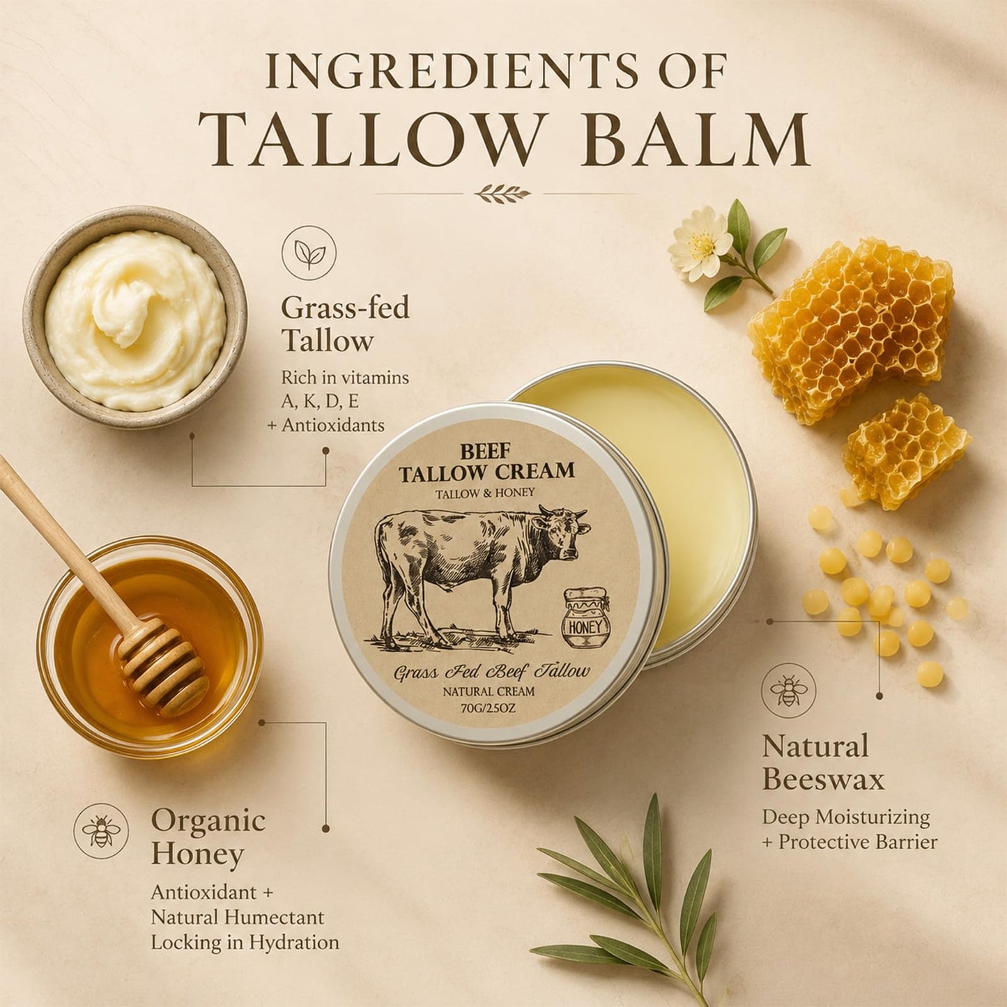 MROUVIK Beef Tallow for Skin, Tallow and Honey Cream,Tallow Face Moisturizer, Natural Grass-Fed Beef Tallow Balm with Raw Honey Moisturizing Cream Beauty & Personal Care MROUVIK