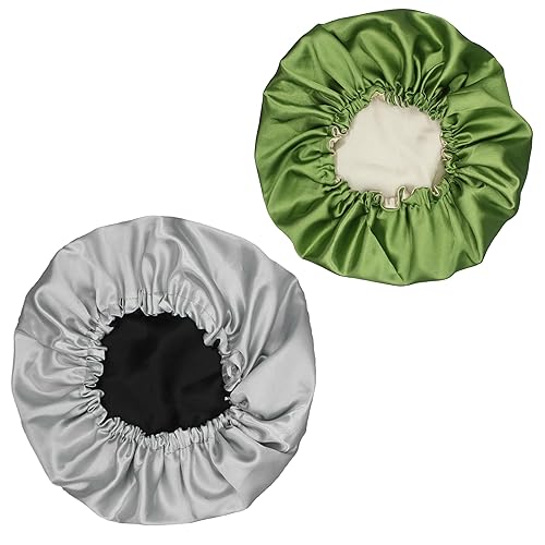 Hanbertti 2pcs Double Layer Satin Sleep Cap, Adjustable Satin Cap, Silk Bonnet, Reusable Bath Hair Cap for Night Sleeping Reversible (Silver Black+ Beauty & Personal Care Hanbertti