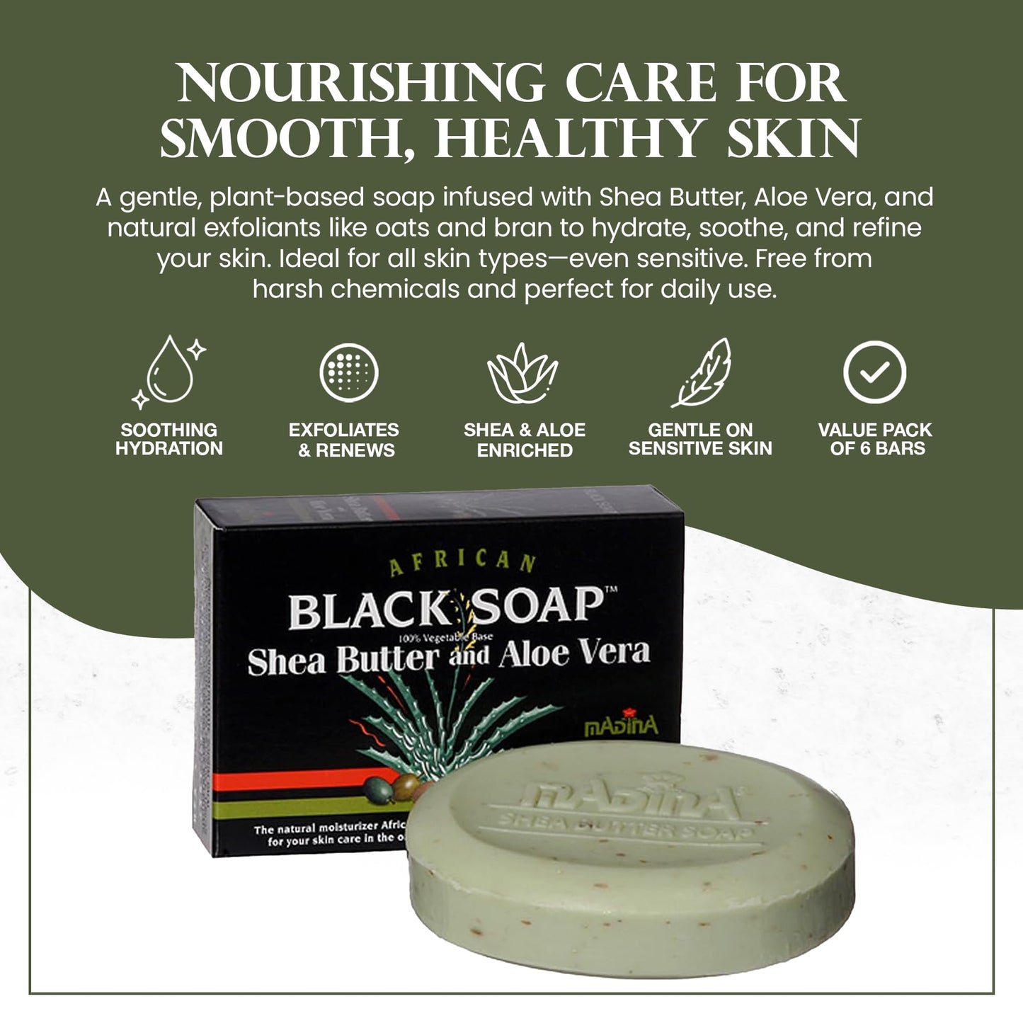 Madina African Black Soap Bar - Shea Butter, Aloe Vera, Moisturizing, Gentle Exfoliating, 100% Vegetable-Based, For All Skin Types, Face & Body Beauty & Personal Care Madina