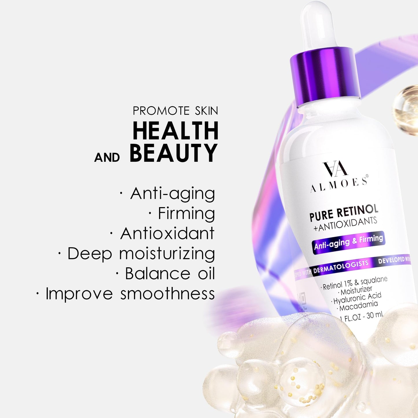 Almoes Retinol Serum for Face,Moisturising Serum for Face with Macadamia,Firming Skin,Antioxidant,Increase Skin Elasticity,Hyaluronic Acid Serum,Face Beauty & Personal Care AA almoes