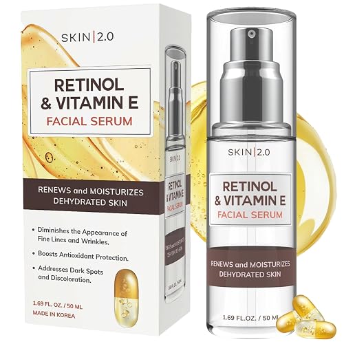 Skin 2.0 Retinol & Vitamin E Face Serum - 1.69 Fl. oz, Cruelty-Free, Reduces Acne Scars, Wrinkles, Anti-Aging, Skin Renewal, Hydrating, Korean Beauty Beauty & Personal Care Skin 2.0