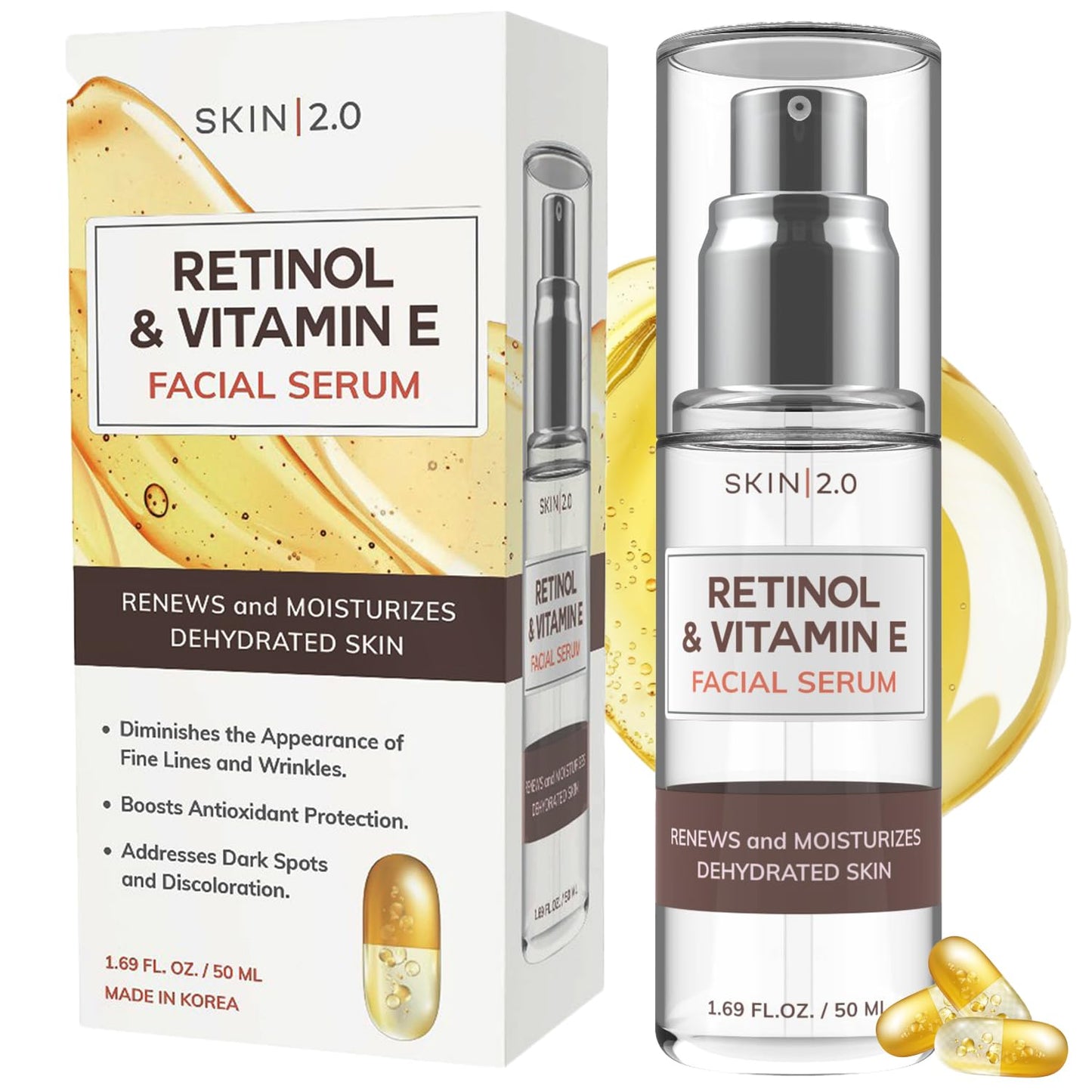 Skin 2.0 Retinol & Vitamin E Face Serum - 1.69 Fl. oz, Cruelty-Free, Reduces Acne Scars, Wrinkles, Anti-Aging, Skin Renewal, Hydrating, Korean Beauty Beauty & Personal Care Skin 2.0