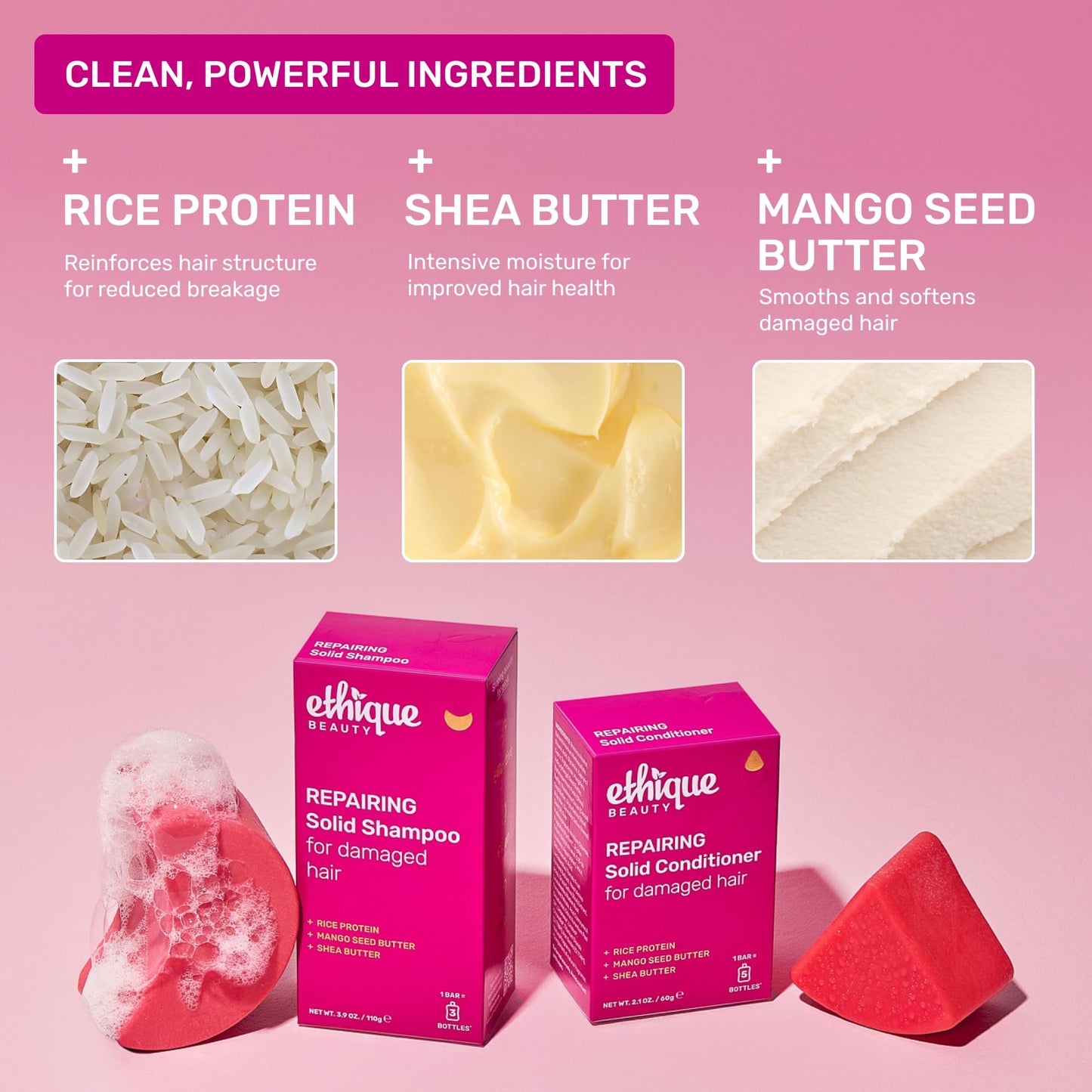 Ethique Beauty Rice Protein Repairing Shampoo & Conditioner Bar Set for Damaged Hair - Plastic-Free, Vegan, Cruelty-Free - 2 Pack Beauty & Personal Care Ethique