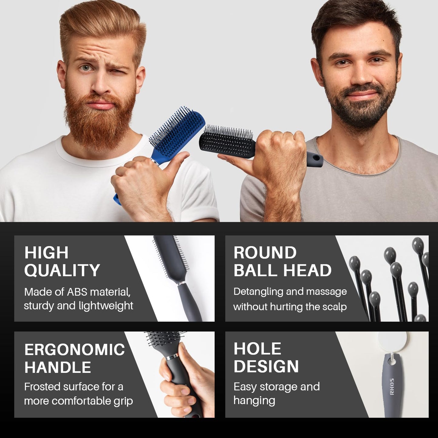 RHOS Hair Brush for Men - Detangler Hair Brush for Styling/Massage - Nylon Bristles for Wet & Dry Hair, Bangs, Thin, Short Hair - Gray Beauty & Personal Care RHOS