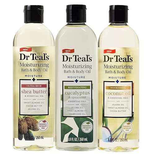 Dr. Teals Bath & Body Oil Variety Gift Set (3 Pack, 8.8oz Ea.) - Rejuvenating Eucalyptus, Ultra Rich Shea Butter, & Nourishing Coconut Oil - Essential Beauty & Personal Care Dr Teal's