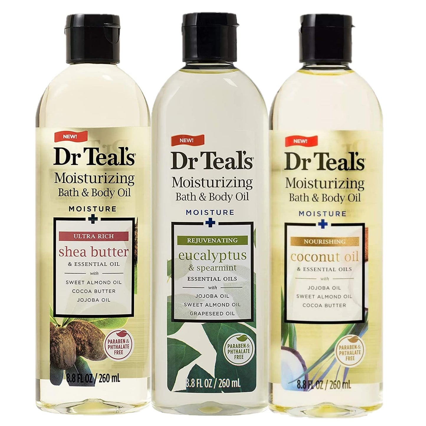 Dr. Teals Bath & Body Oil Variety Gift Set (3 Pack, 8.8oz Ea.) - Rejuvenating Eucalyptus, Ultra Rich Shea Butter, & Nourishing Coconut Oil - Essential Beauty & Personal Care Dr Teal's