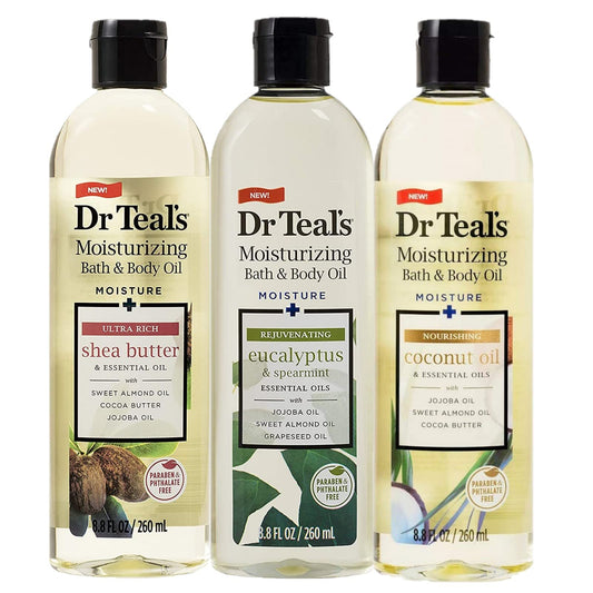 Dr. Teals Bath & Body Oil Variety Gift Set (3 Pack, 8.8oz Ea.) - Rejuvenating Eucalyptus, Ultra Rich Shea Butter, & Nourishing Coconut Oil - Essential Beauty & Personal Care Dr Teal's