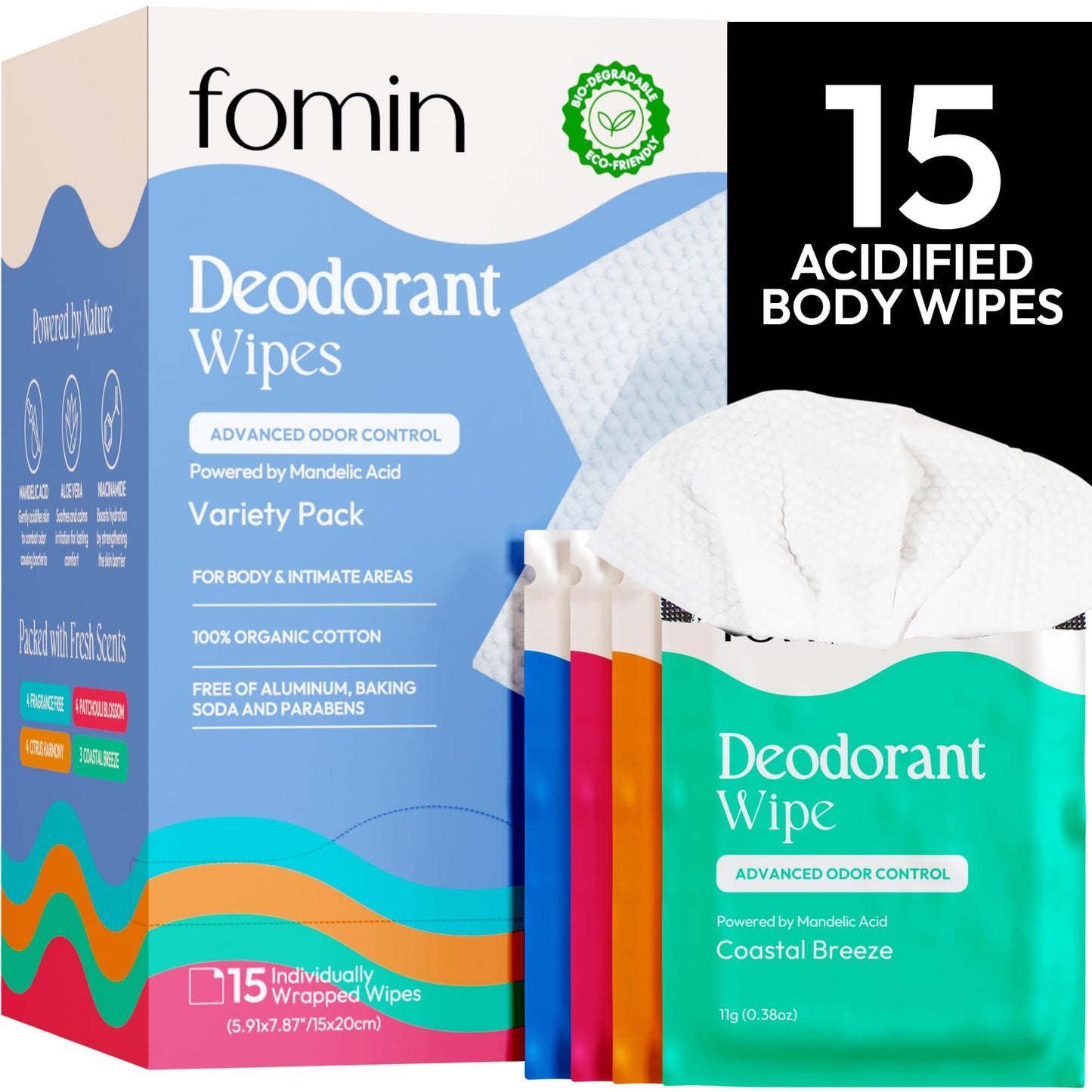 FOMIN Acidified Travel Deodorant Wipes For Women & Men - 15 Count - Variety Pack - pH Balanced, Mini Deodorant Travel Size Wipe - Plastic-Free Beauty and Personal Care FOMIN