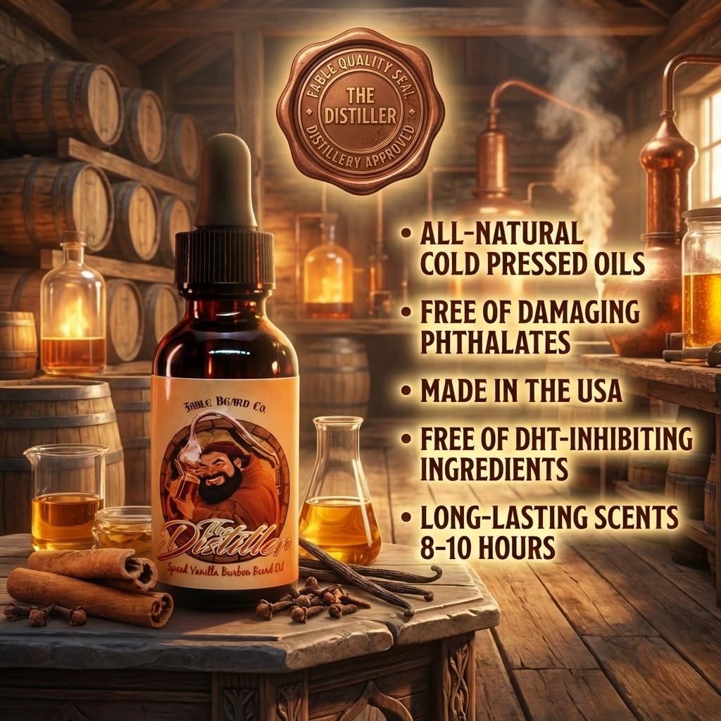 Fable Beard Co. Beard Oil - The Distiller, Mulled Spices, Aged Bourbon & Deep Barrel Woods, Natural Beard Oil for Men with Jojoba & Argan Oils Beauty and Personal Care Fable Beard Co.
