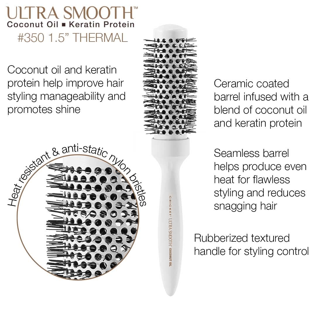 Cricket Ultra Smooth Coconut Thermal Hair Brush - 1.5” Ceramic Barrel, Coconut Oil and Keratin-Infused, Anti-Static Heat-Resistant Bristles, Textured Beauty & Personal Care Cricket