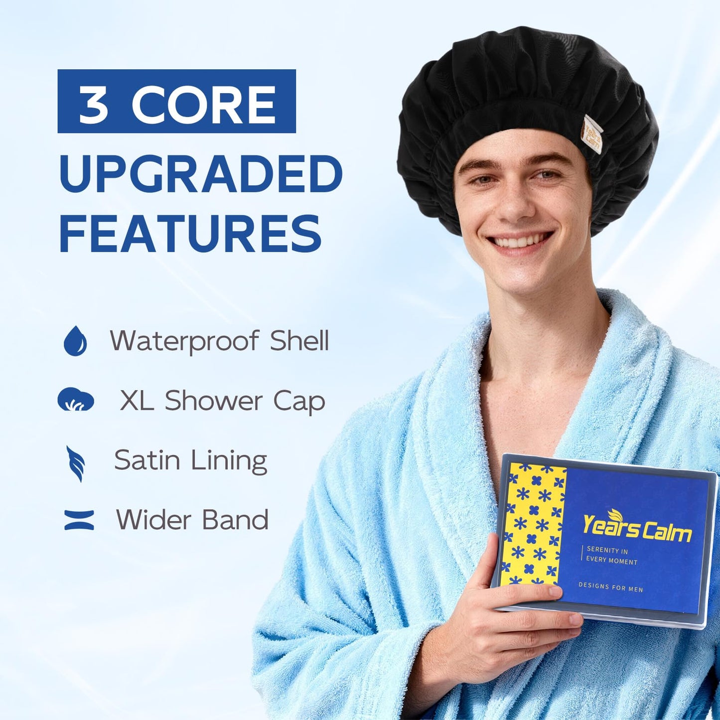 Years calm Shower Cap for Men Waterproof Reusable - Fashion Dual-Layer Design, Adjustable Elastic Band for Long & Curly Hair, XL Bath & Spa Cap Beauty and Personal Care Years calm