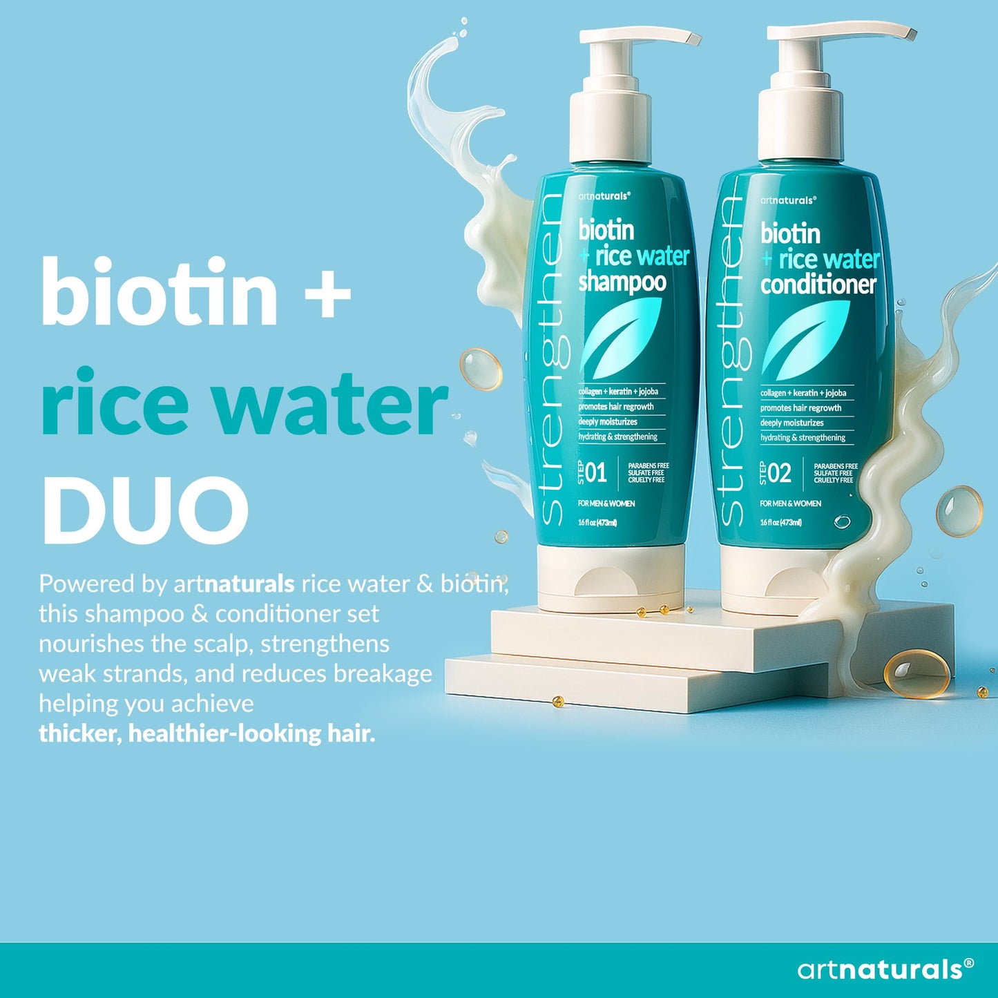 Biotin Rice Water Shampoo and Conditioner Set - Sulfate-Free Formula - Dual Bottle - Made with Collagen, Keratin, and Jojoba to Promote Strength Beauty & Personal Care Artnaturals