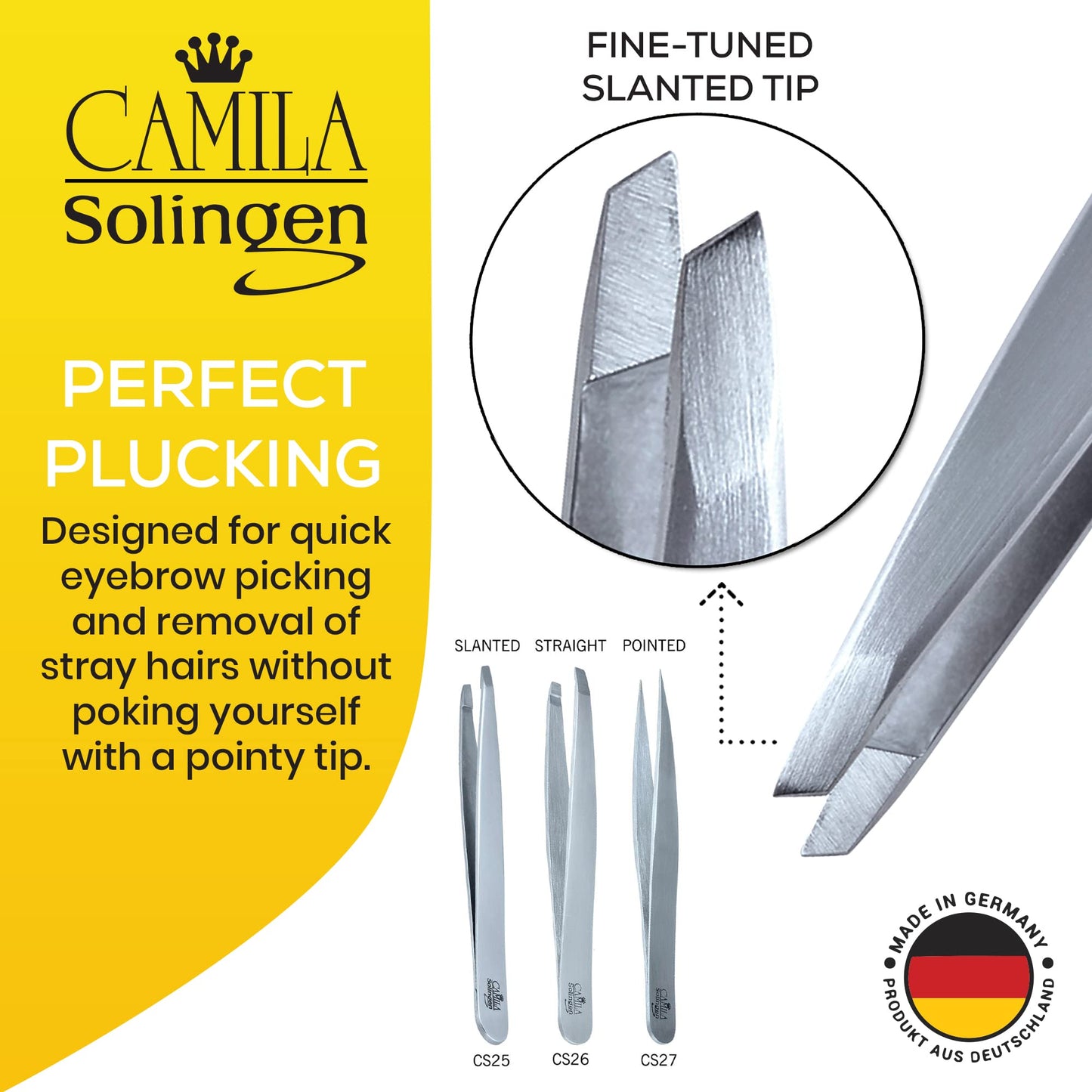 Camila Solingen CS25 4" Professional Surgical Grade Stainless Steel Precision Tip Eyebrow Tweezers for Facial Hair Shaping & Removal. Beauty Tool Beauty and Personal Care Camila Solingen