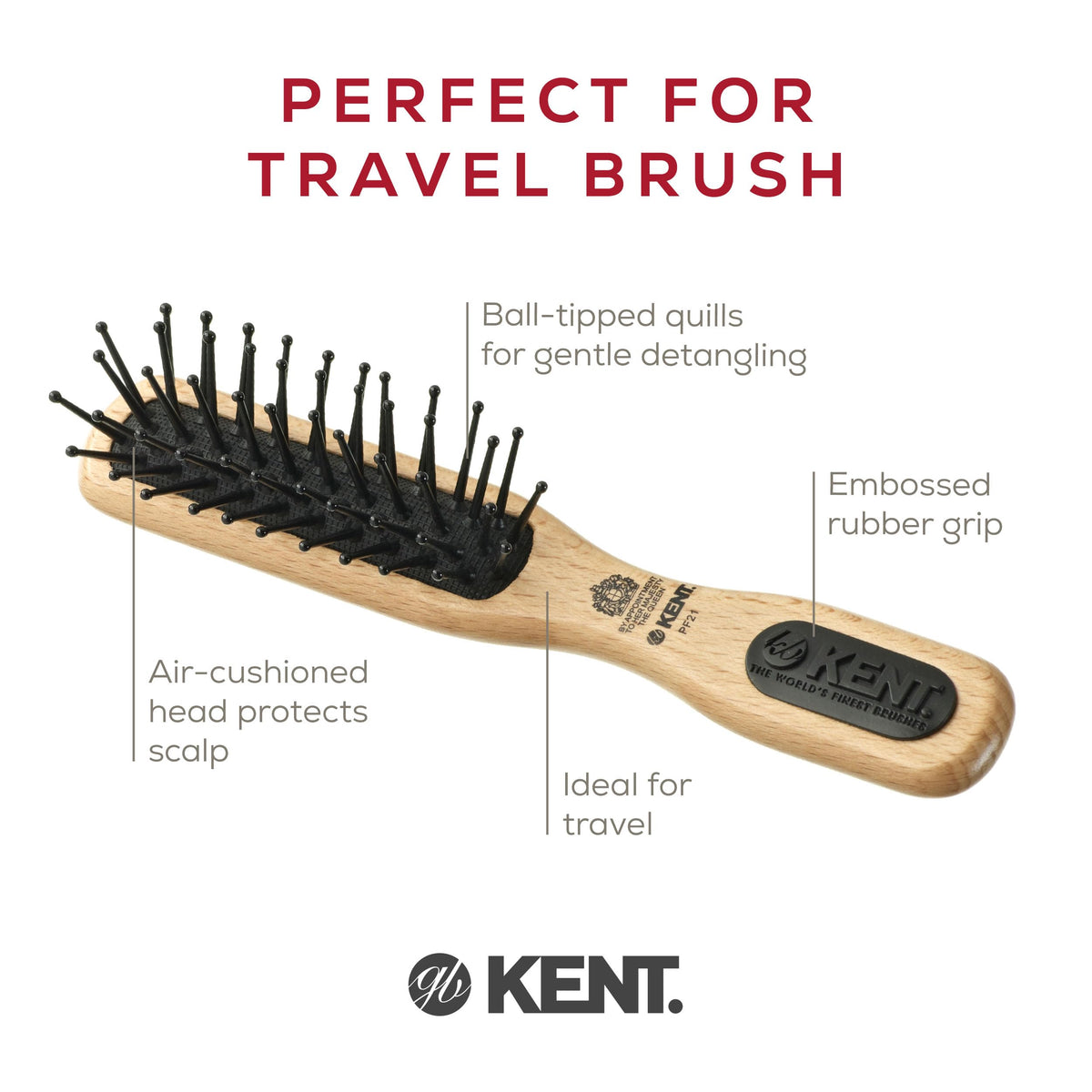 Kent PF21 Narrow Cushion Paddle Brush - Taming Fine Pins, Detangling Long, Thick and Curly Hair, Scalp Massager for Growth Stimulation on Wet or Dry