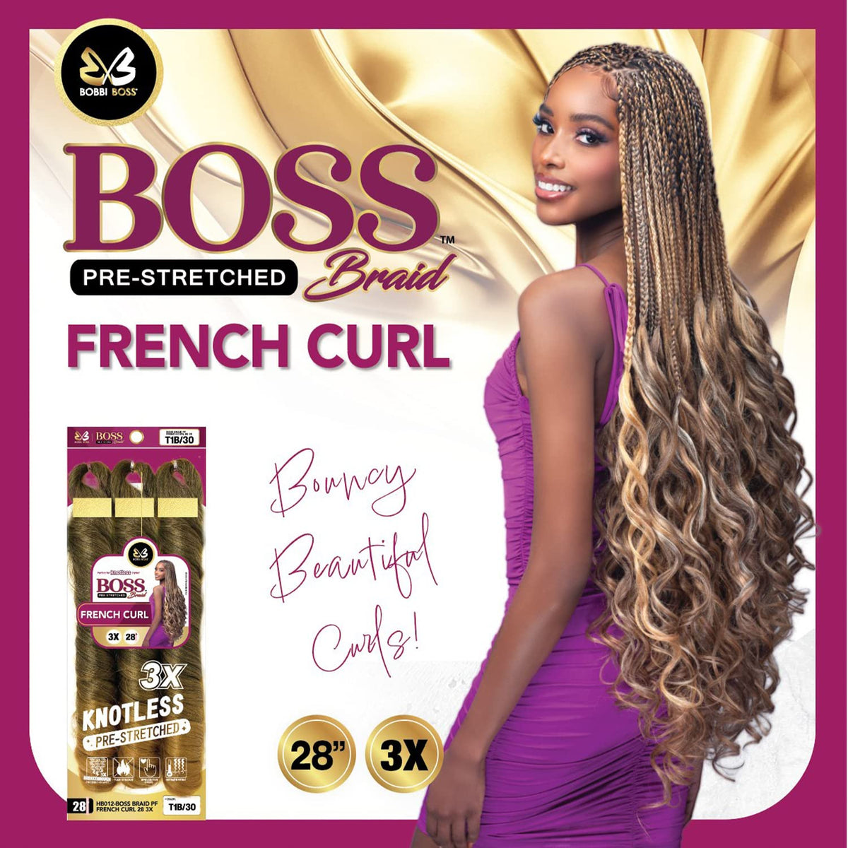 Bobbi Boss Boss Pre-Stretched Braids 3X Knotless French Curl Braiding Hair 28" (1 Pack, 1)