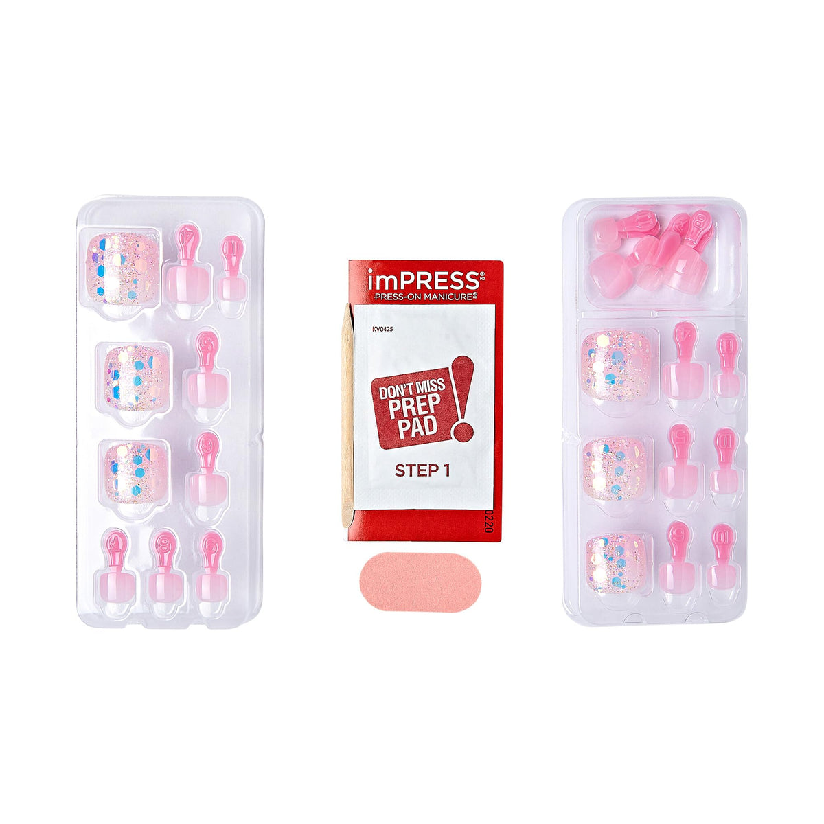 KISS Impress No Glue Pedi Press-On Toenails, Light Pink, Glitter, Squoval Shape, Includes 24 Nails, Prep Pad, 1 Manicure Stick, 1 Mini File