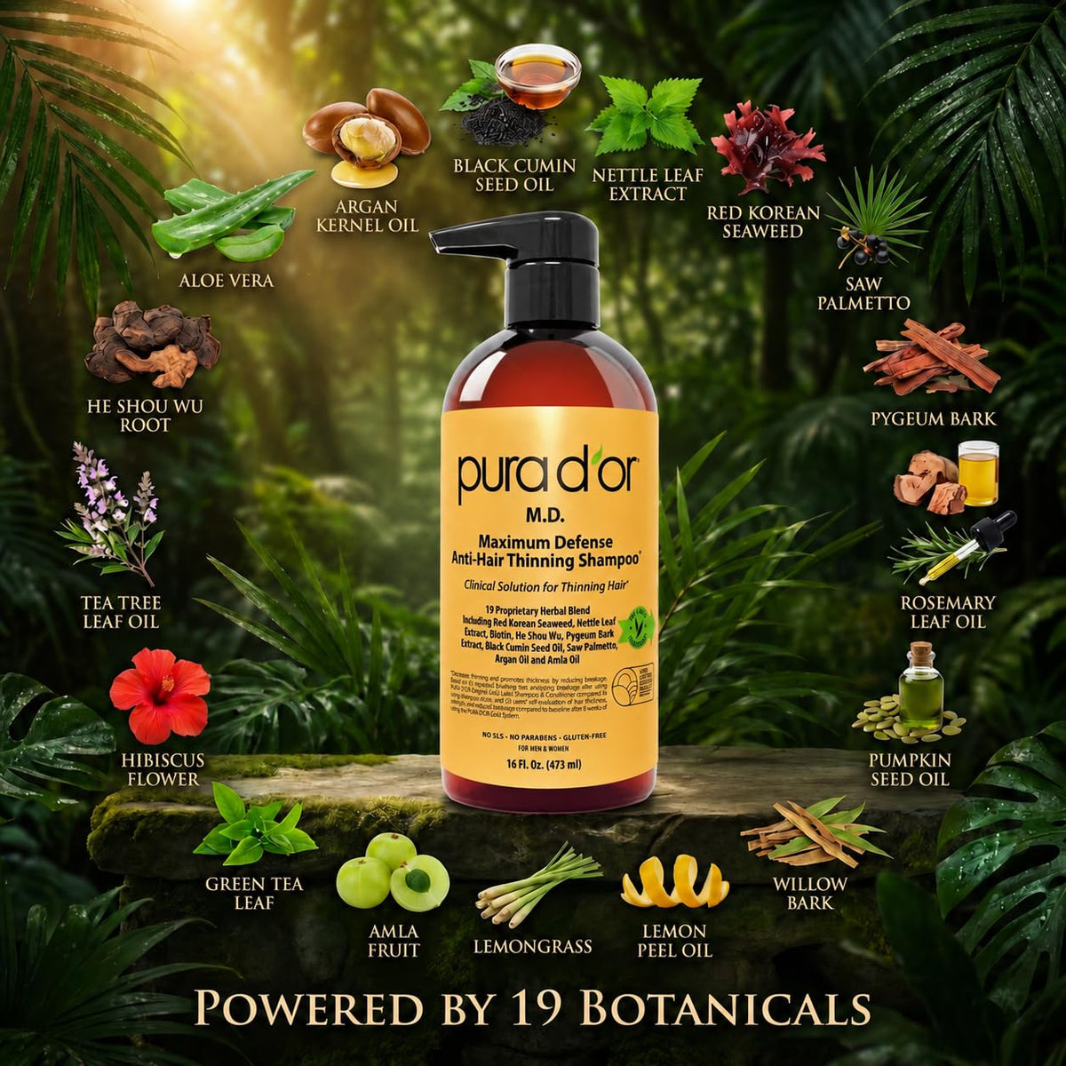 PURA D'OR M.D. Maximum Defense Shampoo for Thinning, Dry Itchy Scalp, 16oz