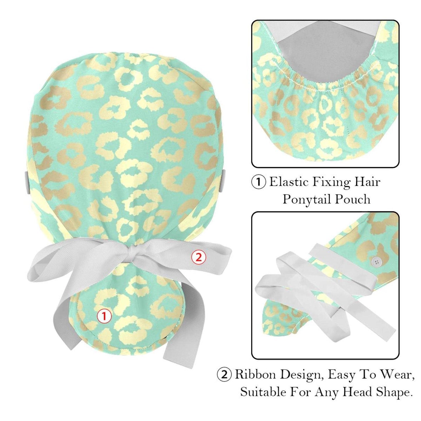 Anna Cowper Women's Leopard Green Animal Print Bouffant Surgical Cap with Ponytail Pouch, Button, Sweatband, Adjustable Size Beauty and Personal Care Anna Cowper