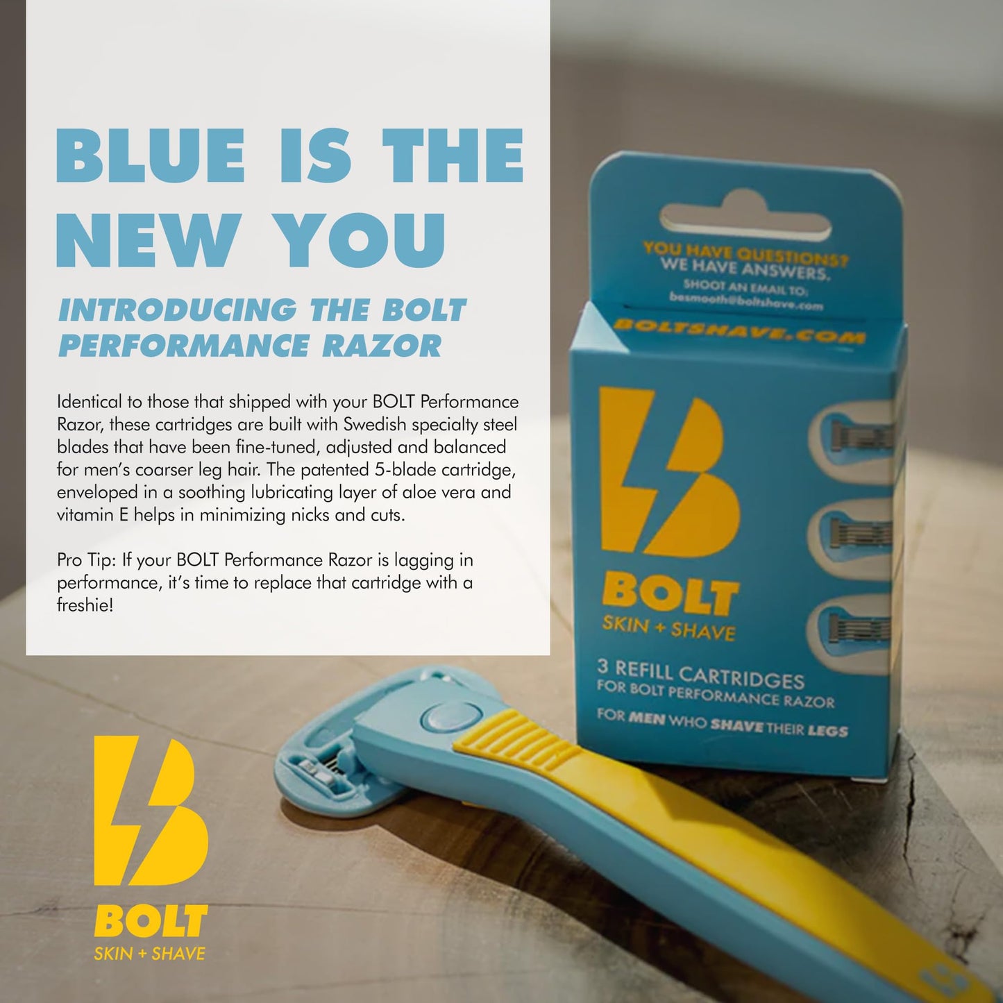 Bolt Skin + Shave - Cartridge Refill Box -5-Blade Replacements for BOLT Razor - Swedish Steel with Aloe Vera and Vitamin E for Coarse Hair -Pack of 3 Beauty and Personal Care BOLT SKIN + SHAVE