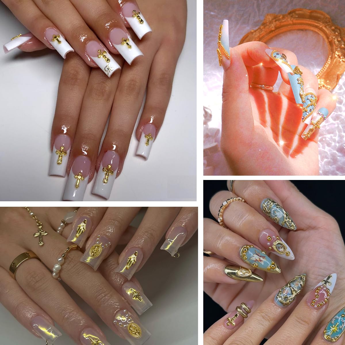 3D Cross Nail Charms,Gold Flat Back Nail Pearls Beads for Crafting,Cute Nail Charms Y2k Rhinestones Jewelry for Nail Art Flower Virgin Mary Religious Beauty & Personal Care LCiclly