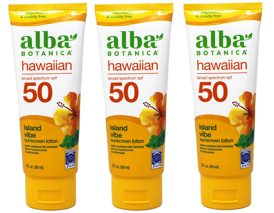 Alba Botanica Hawaiian, Island Vibe Sunscreen SPF 50, Water-Resistant (80 Minutes), 3 fl oz (Pack of 3) Beauty & Personal Care Alba Botanica