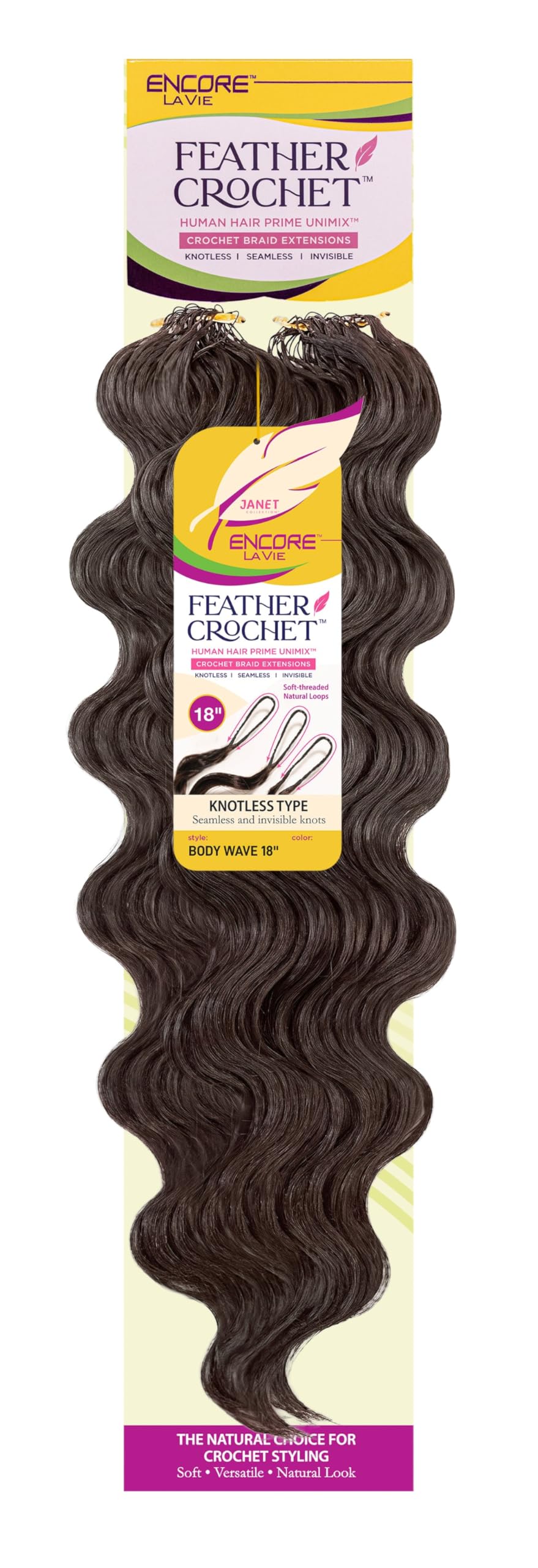 Janet Collection Human Hair Blend Encore Lavie Pre-Separated Feather Crochet Body Wave 18" - Knotless Crochet Braid Extension (Color 1)